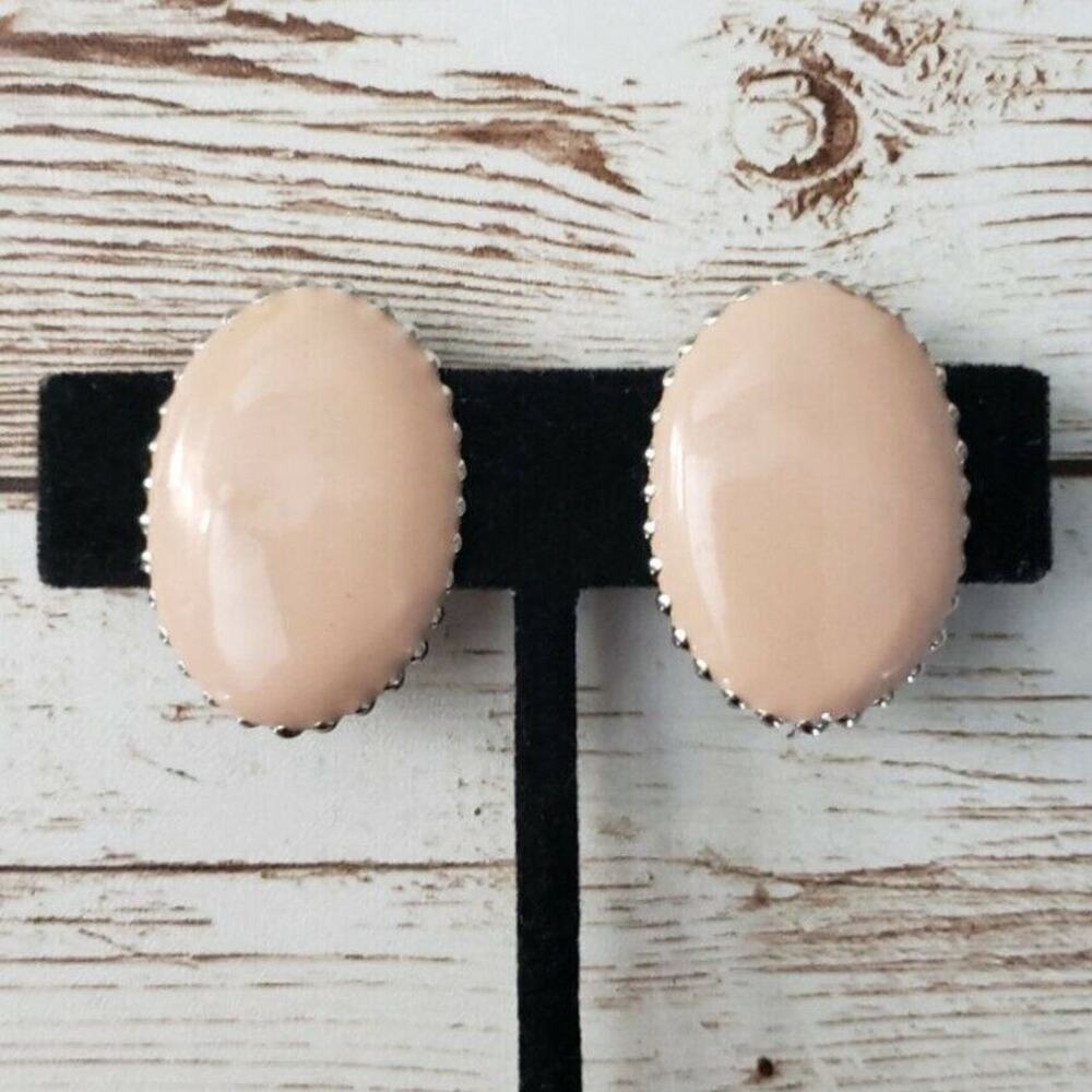 Vintage Clip On Earrings Dusky Light Pink Oval with Silver Tone Halo